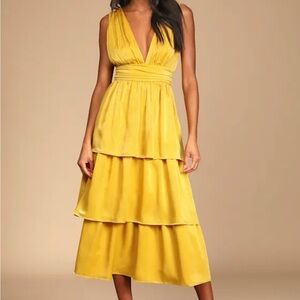 Mustard Yellow Satin Tiered Tie-Back Midi Dress
